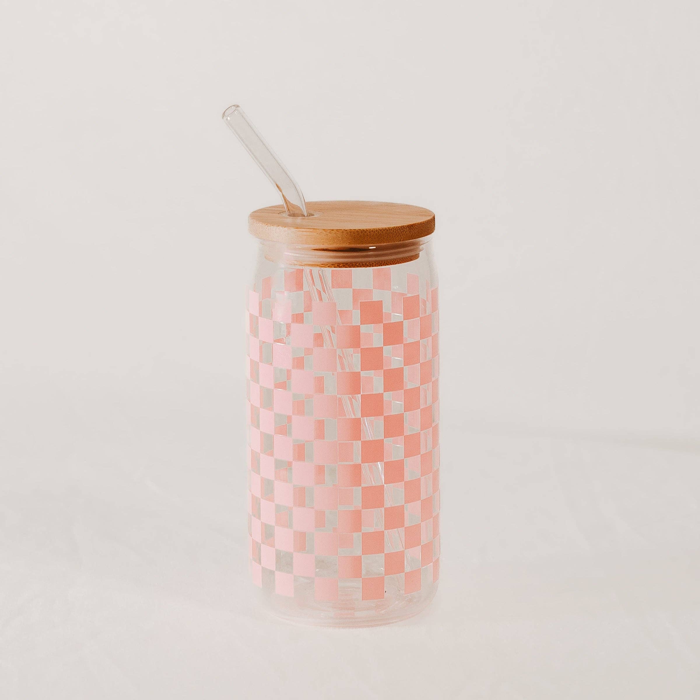 Sweet Water Decor - Pink Checkered 17 oz Can Glass w/ Straw and Lid - Decor