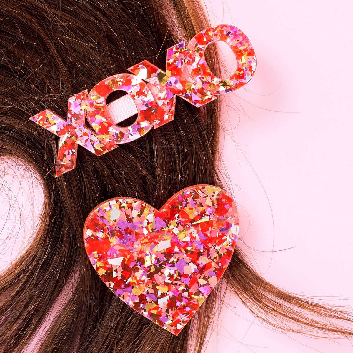 Taylor Elliott Designs - Hair Clip Set - Heart + XOXO - Red + Pink Confetti