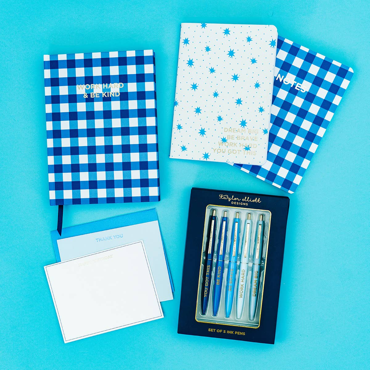 Taylor Elliott Designs - Boxed Greeting Cards - 12 Asst Cards - Stars + Blue Gingham