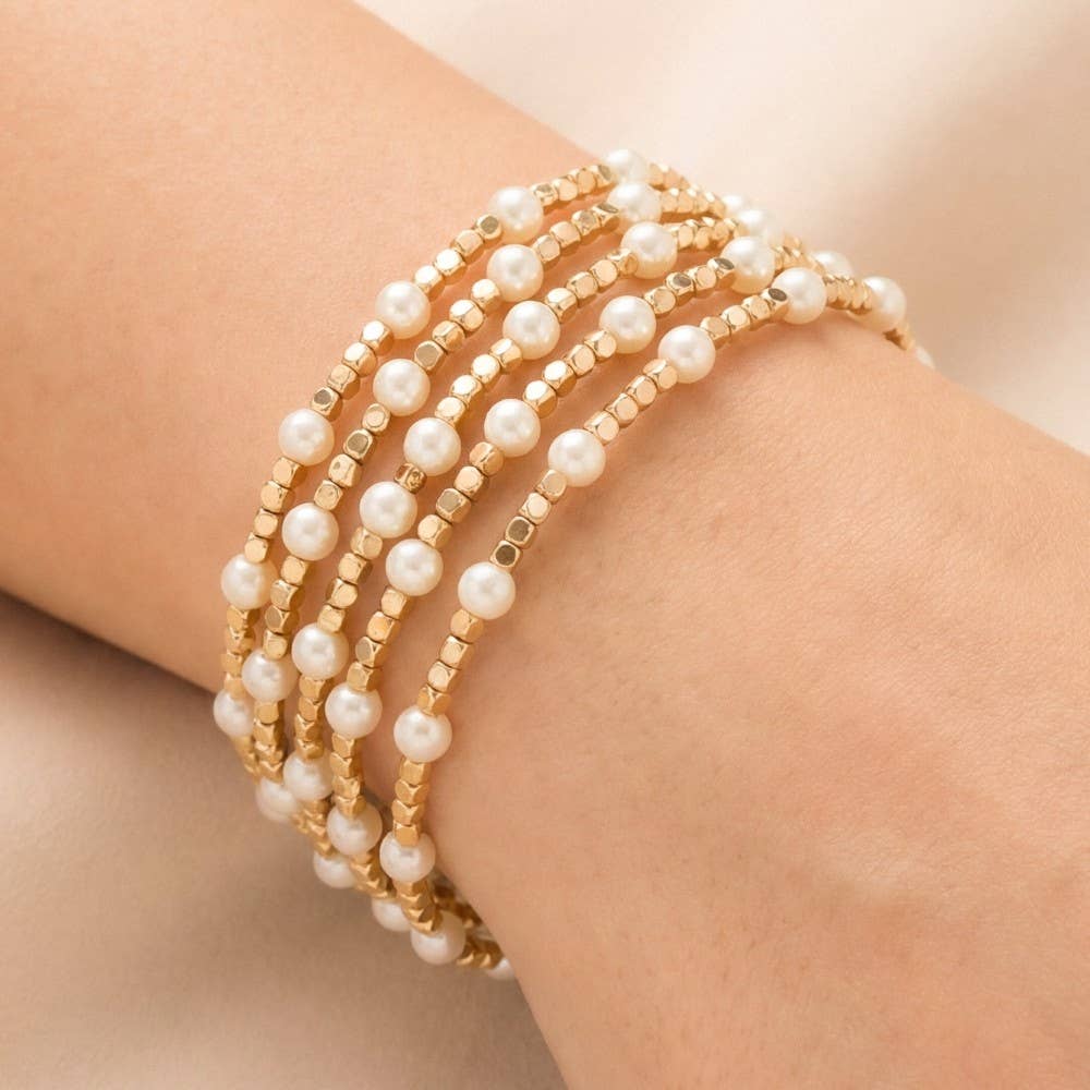 Anarchy Street - Pearl Gold Cube Bead Stretch Bracelet Set
