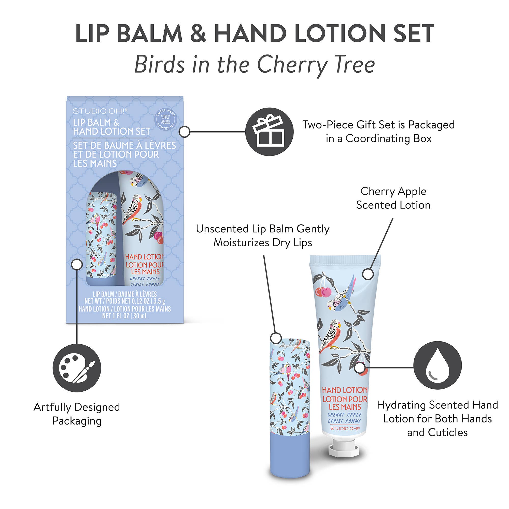 Studio Oh! - Birds in the Cherry Tree Lip Balm & Hand Lotion Set