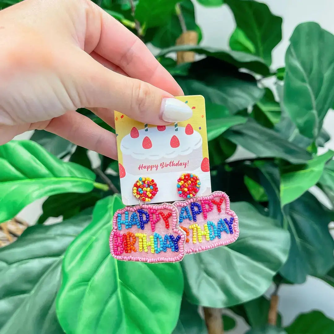 Prep Obsessed Wholesale - 'Happy Birthday' Seed Bead Embroidered Dangle Earrings